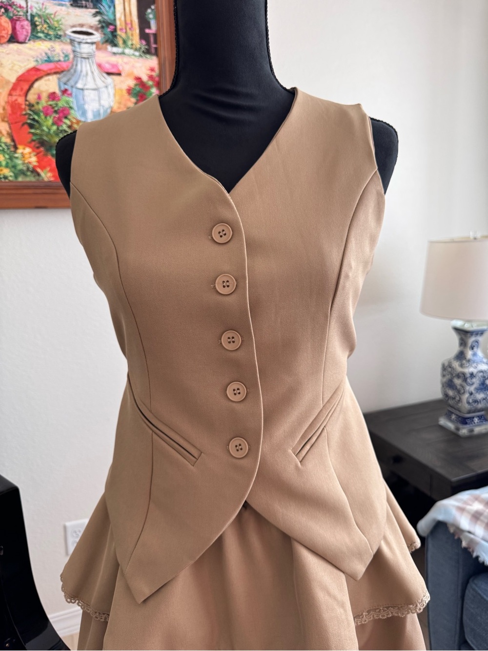 Classic Tan Tiered 2-pc Dress with Buttoned Vest - Picture 4 of 14